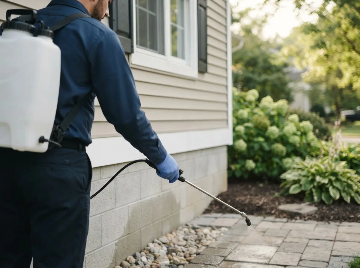 Pest control technician inspecting a home in Banco, VA